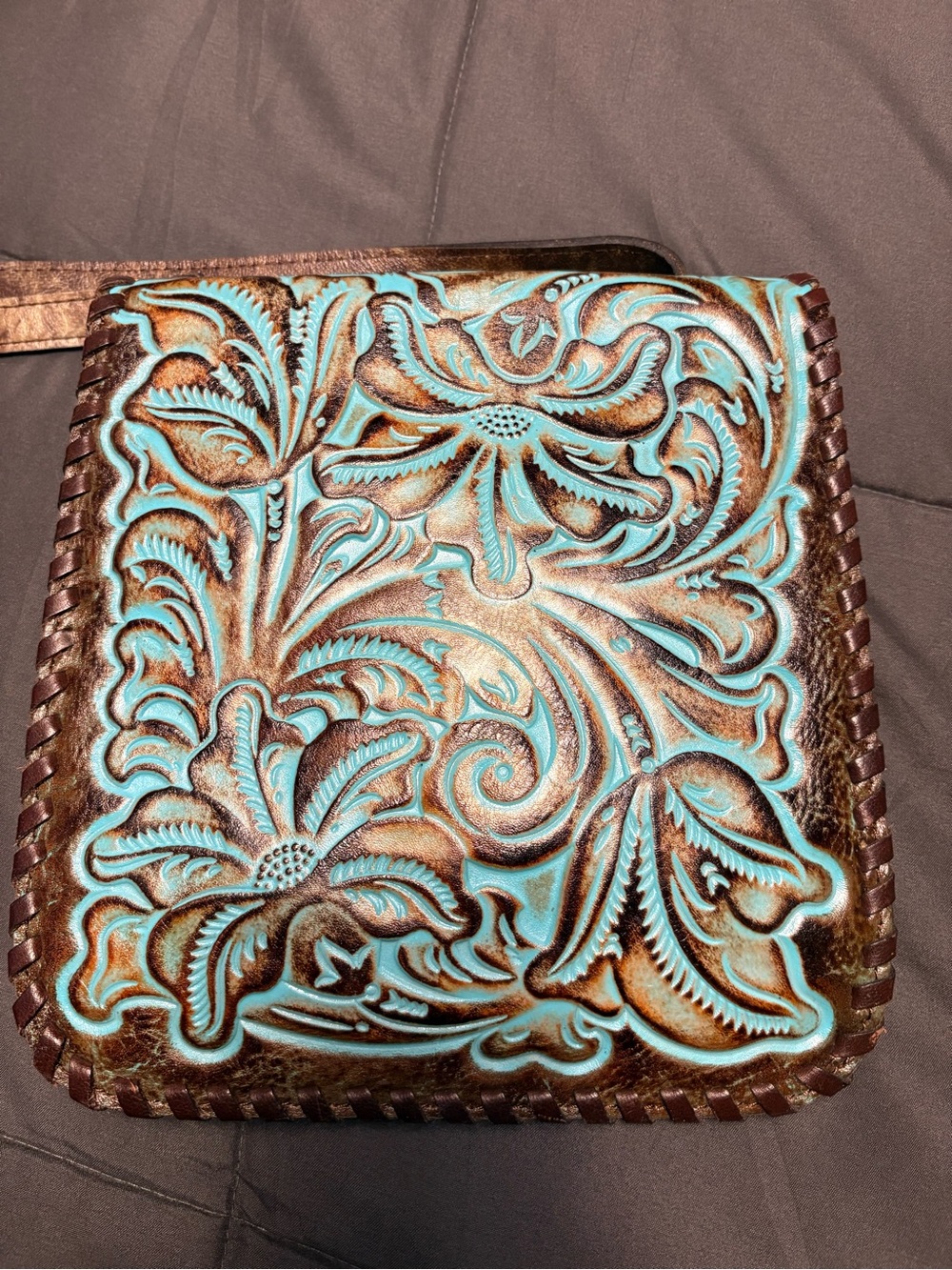 Patricia Nash Handtooled Floral Leather Accent in Turquoise and Brown